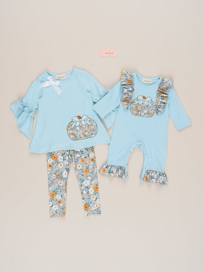 Light Blue Floral Embroidered Pumpkin Ruffle Romper