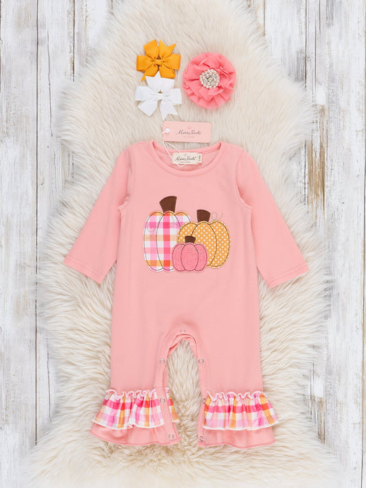 Salmon Pumpkin Plaid Ruffle Romper