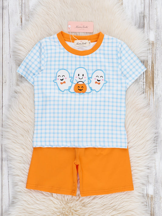 Blue Plaid Embroidered Ghost Pals Outfit