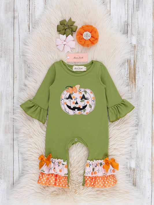 Green Embroidered Floral Jack-o-Lantern Ruffle Romper