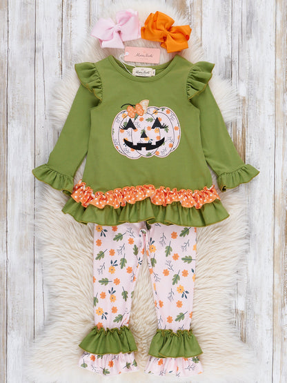 Green Embroidered Floral Jack-o-Lantern Ruffle Outfit