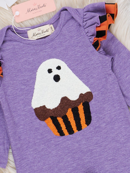Purple & Orange Striped Ghost Treat Ruffle Romper