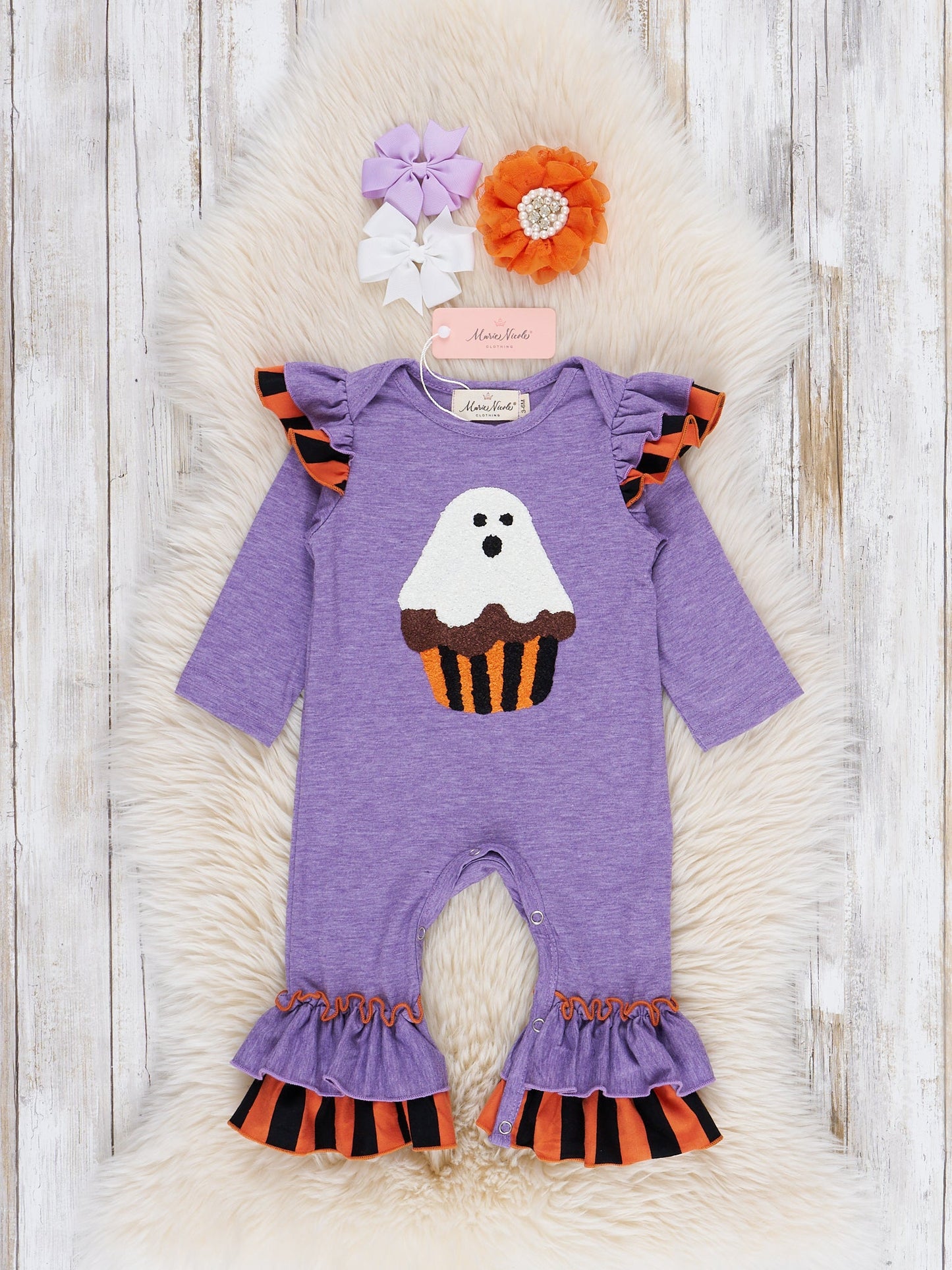 Purple & Orange Striped Ghost Treat Ruffle Romper