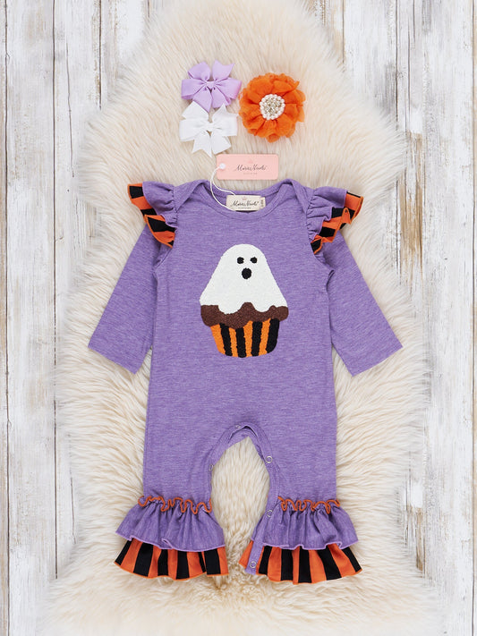 Purple & Orange Striped Ghost Treat Ruffle Romper