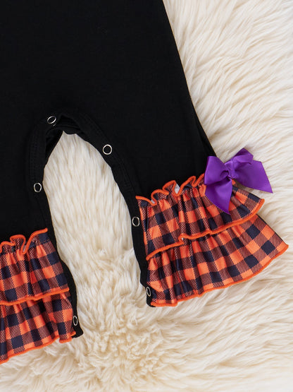 Orange & Black Ghostly Gingham Ruffle Romper