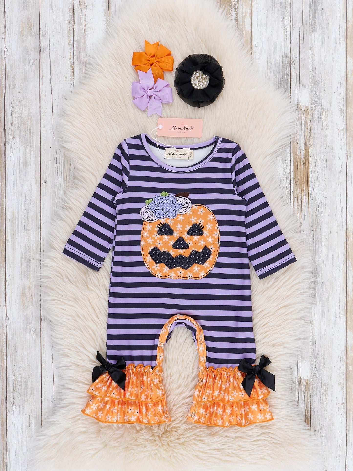 Purple Stripe Embroidered Pumpkin Romper