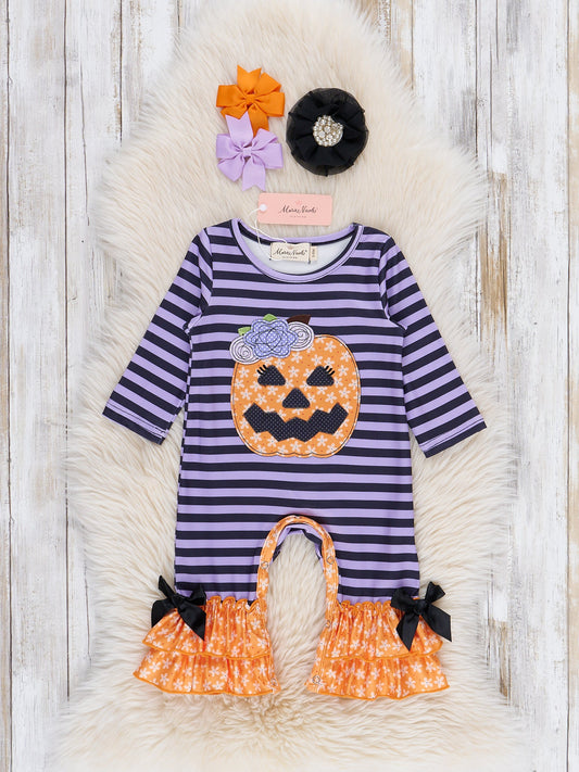 Purple Stripe Embroidered Pumpkin Romper