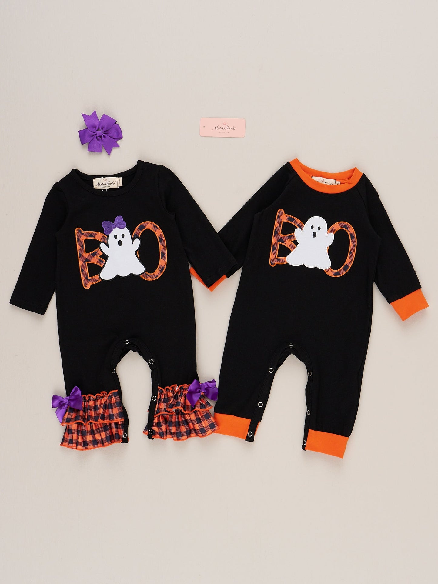 Orange & Black Ghostly Gingham Ruffle Romper