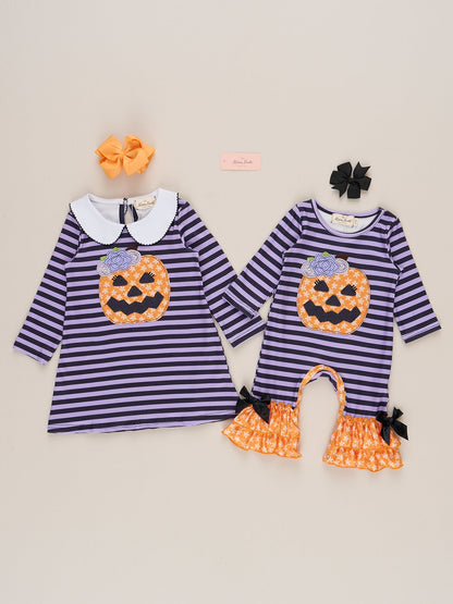 Purple Stripe Embroidered Pumpkin Romper
