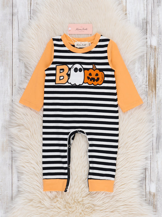 Striped Boo & Pumpkin Embroidered Romper