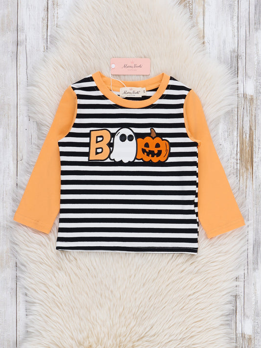 Striped Boo & Pumpkin Embroidered Top