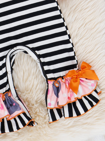 Striped Boo & Pumpkin Embroidered Ruffle Romper