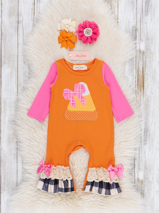 Sweet as Candy Corn Embroidered Ruffle Romper