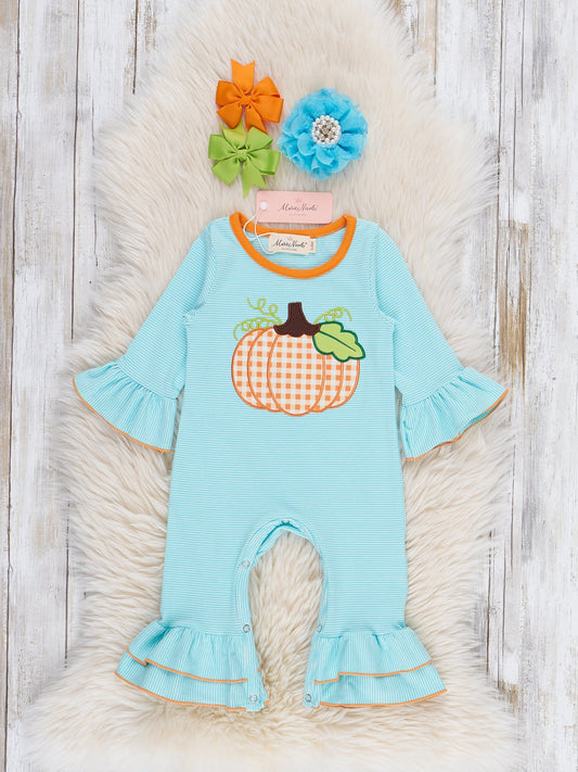 Light Blue Stripes Pumpkin Ruffle Romper
