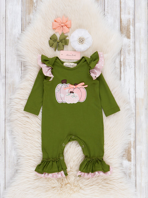 Green & Peach Embroidered Pumpkin Patch Ruffle Romper