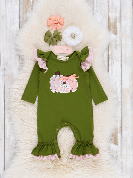 Green & Peach Embroidered Pumpkin Patch Ruffle Romper