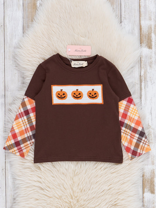 Brown Plaid Smocked Pumpkins Shirt