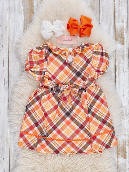 Brown Plaid Smocked Pumpkins Ruffle Dress
