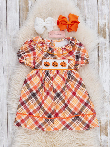 Brown Plaid Smocked Pumpkins Ruffle Dress