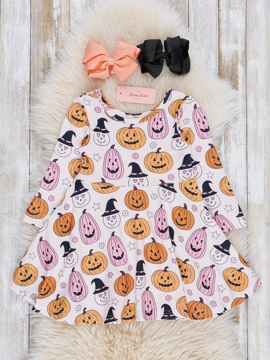 Long Sleeve Halloween Swing Dress - Happy Pumpkins
