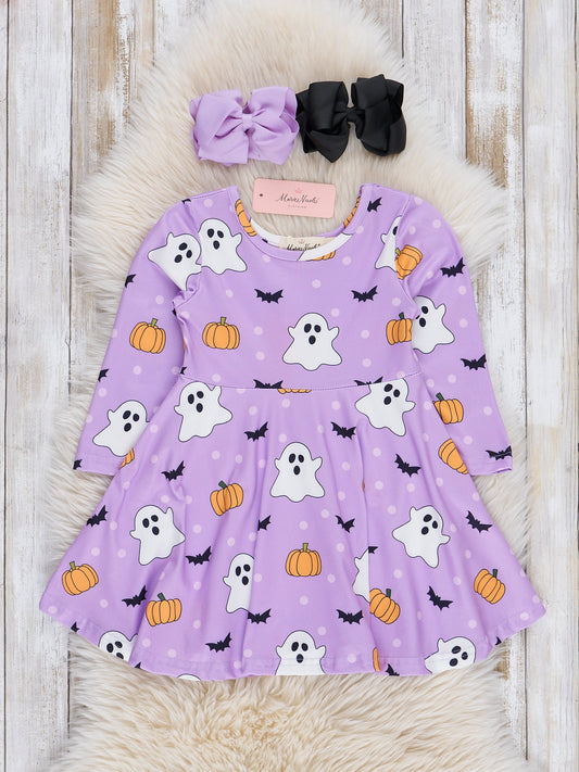 Long Sleeve Halloween Swing Dresses - Purple Ghosts