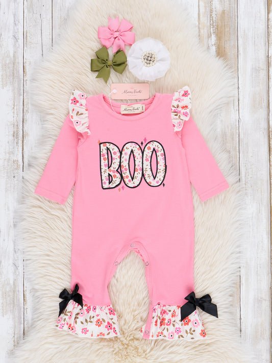 Bright Pink Floral "Boo" Ruffle Romper