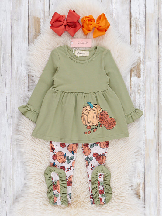 Green & Orange Autumn Pumpkin Ruffle Outfit