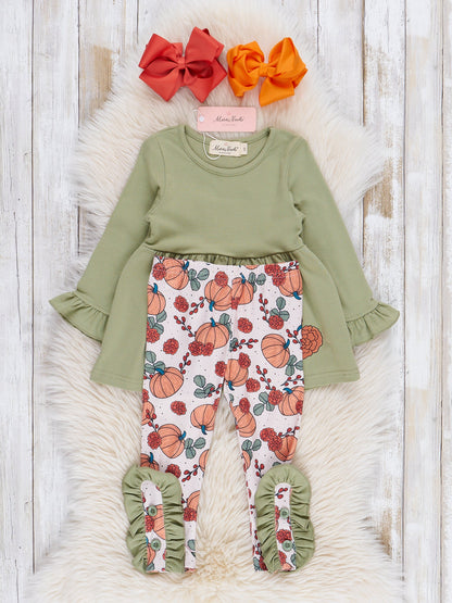 Green & Orange Autumn Pumpkin Ruffle Outfit
