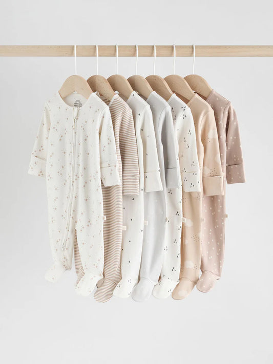 Neutral 7 Pack Two Way Zip Baby Sleepsuits (0-2yrs)