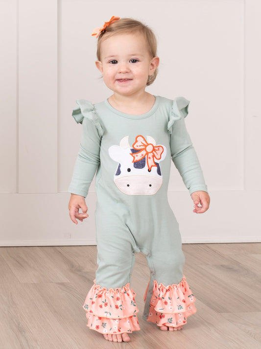 Mint & Coral Embroidered Cow Floral Ruffle Romper