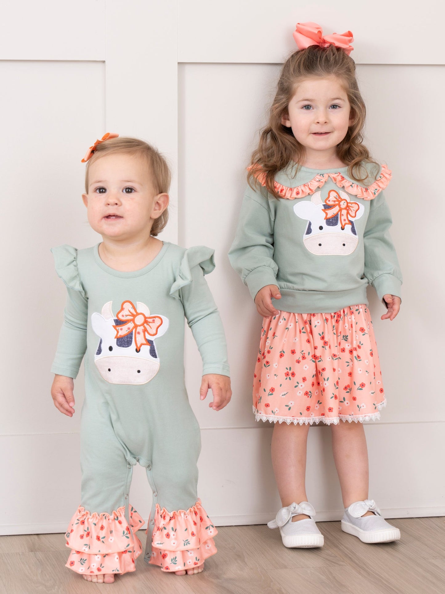 Mint & Coral Embroidered Cow Floral Ruffle Romper