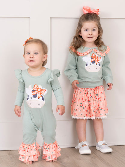 Mint & Coral Embroidered Cow Floral Ruffle Romper