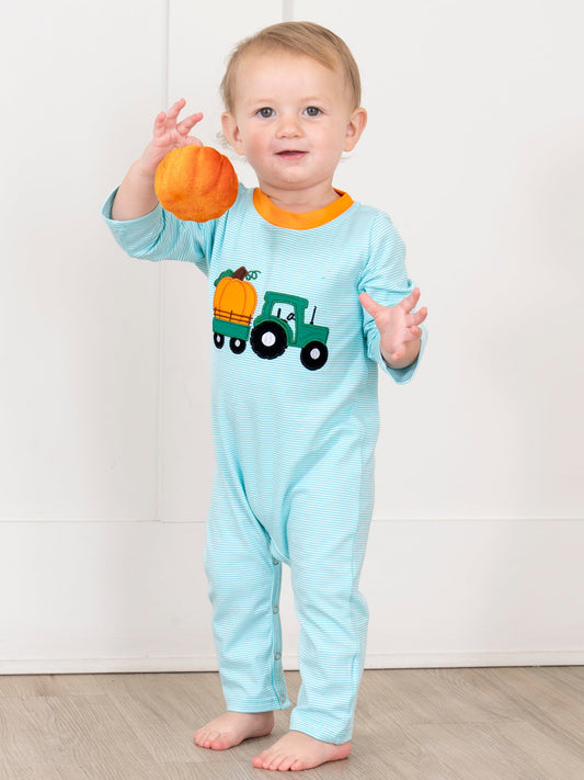Light Blue Stripes Pumpkin Tractor Romper