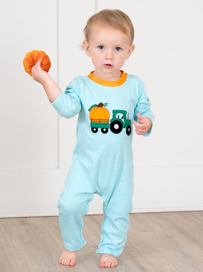 Light Blue Stripes Pumpkin Tractor Romper
