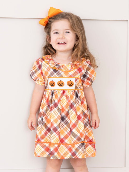 Brown Plaid Smocked Pumpkins Ruffle Dress