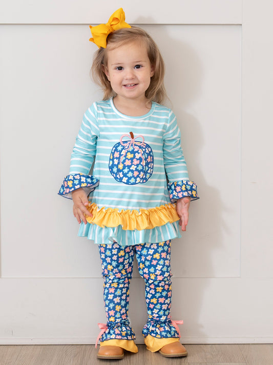Embroidered Petal Patchwork Pumpkin Ruffle Outfit