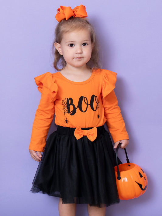 Black & Orange "Boo" Ruffle Tulle Romper Outfit