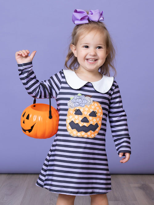 Purple Stripe Embroidered Pumpkin Dress