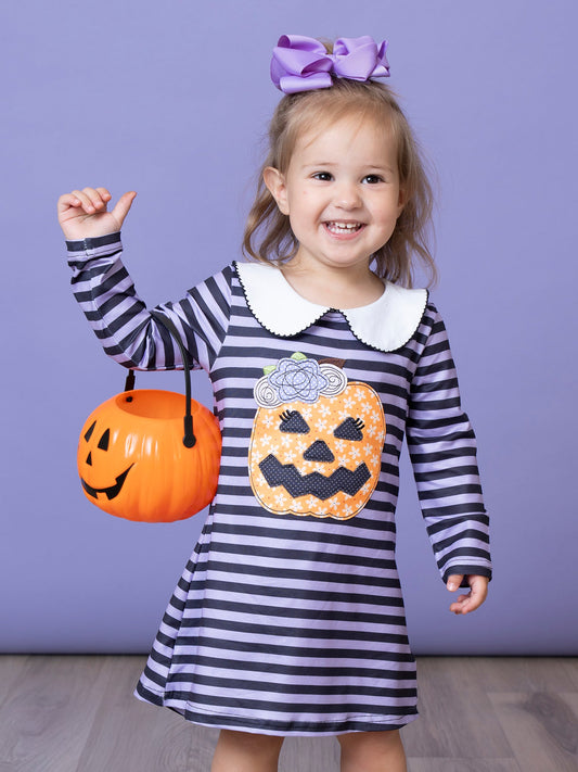 Purple Stripe Embroidered Pumpkin Dress
