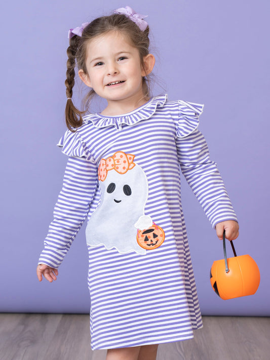 Purple Stripe Friendly Ghost Ruffle Dress