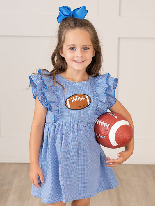 Blue Stripe Cotton Embroidered Football Ruffle Dress