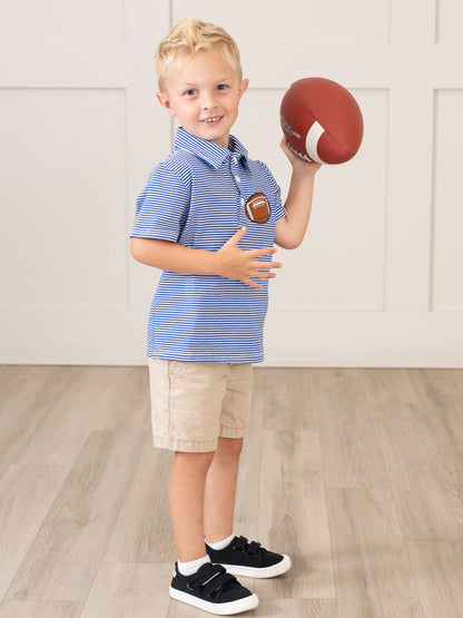 Blue Stripe Cotton Embroidered Football Polo Shirt