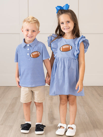 Blue Stripe Cotton Embroidered Football Ruffle Dress