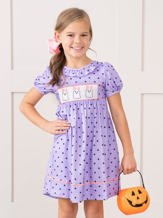 Purple Dots Smocked Ghosts Ruffle Dress