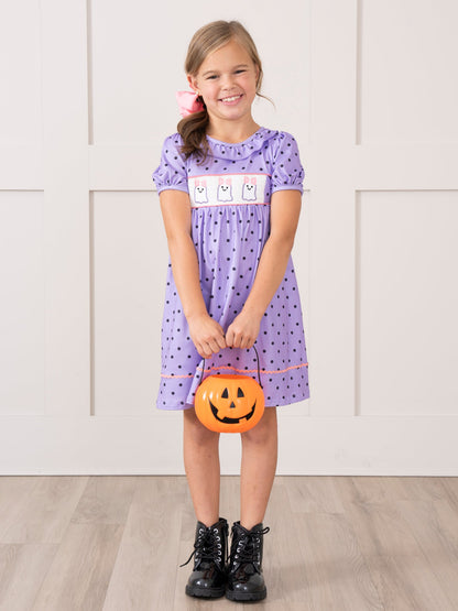 Purple Dots Smocked Ghosts Ruffle Dress