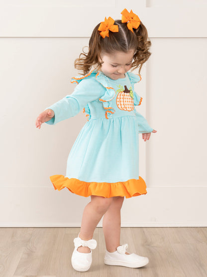 Light Blue Stripes Pumpkin Ruffle Dress