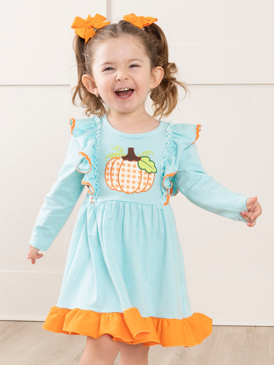 Light Blue Stripes Pumpkin Ruffle Dress