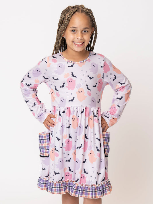 Pink & Purple Ghosts & Bats Ruffle Dress