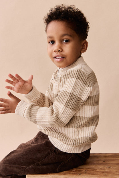 Idris Knit Zip Cardigan - Wide Stripe Rye/Buff
