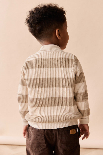 Idris Knit Zip Cardigan - Wide Stripe Rye/Buff